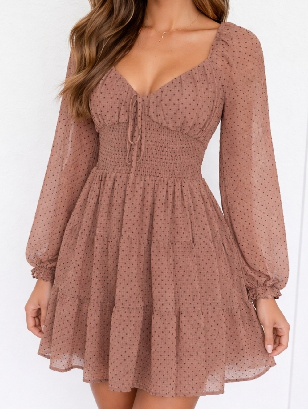 Swiss Dot Smocked Mini Dress M Blush Taupe Cottagecore Babydoll Boho Romantic